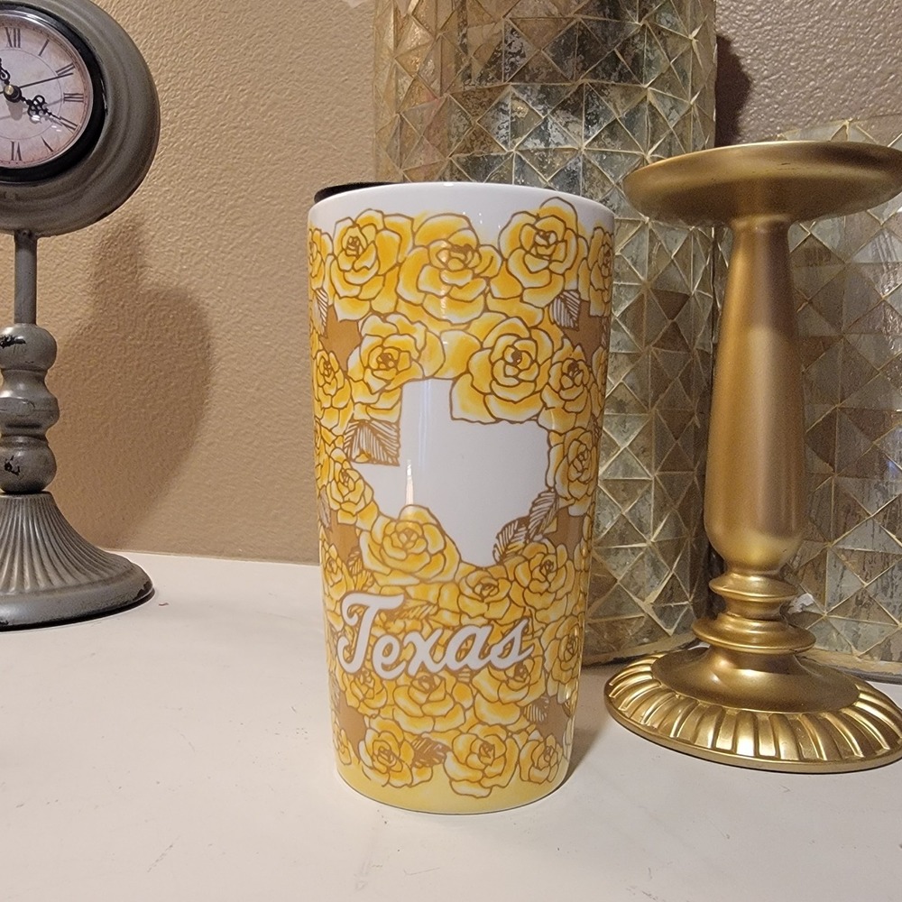 Starbucks Yellow Rose of Texas Ceramic Travel Tumbler Coffee Mug 12oz With Lid